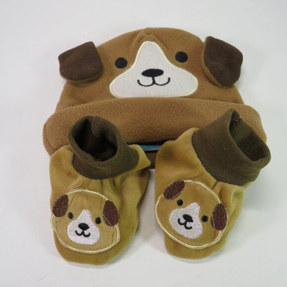 Baby Brown Dog Puppy hat and shoes embroidered features - Picture 1 of 4